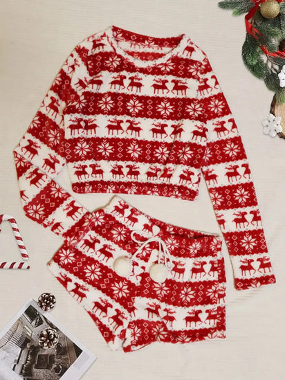 Cozy Christmas Coral Fleece Lounge Set – Long Sleeve Top & Shorts