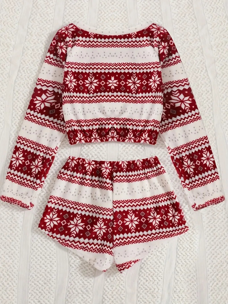 Cozy Christmas Coral Fleece Lounge Set – Long Sleeve Top & Shorts