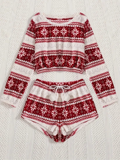 Cozy Christmas Coral Fleece Lounge Set – Long Sleeve Top & Shorts