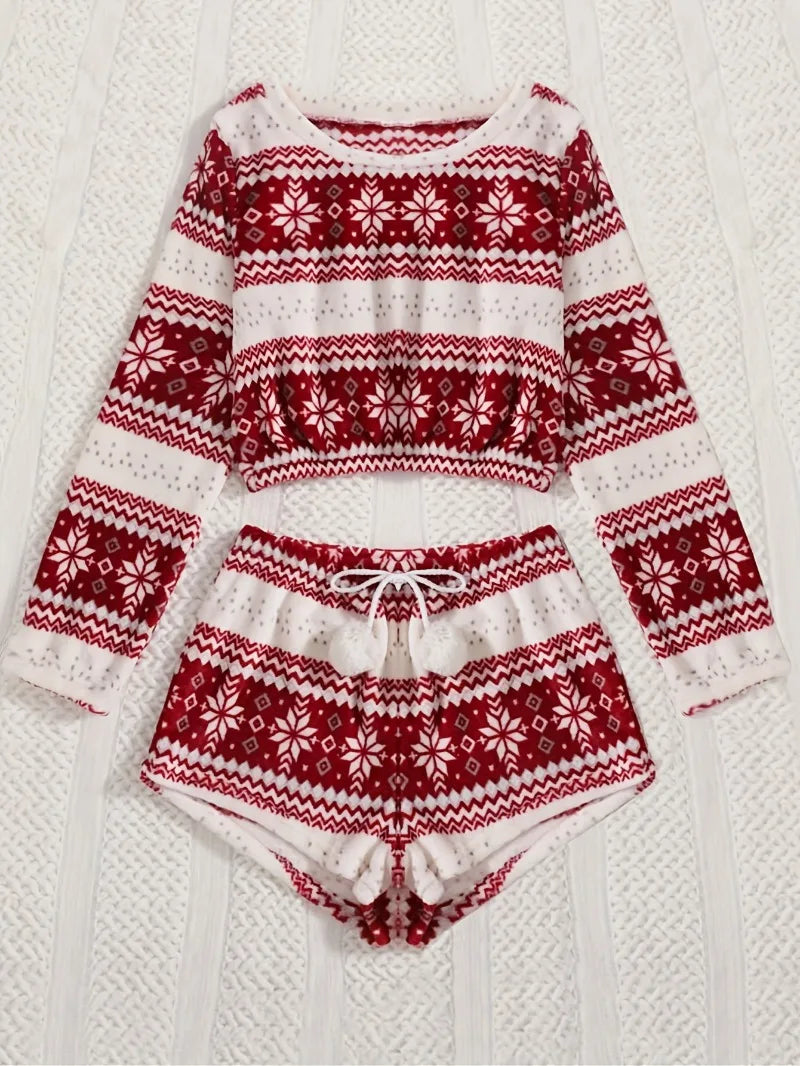 Cozy Christmas Coral Fleece Lounge Set – Long Sleeve Top & Shorts