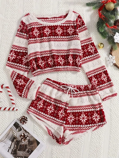 Cozy Christmas Coral Fleece Lounge Set – Long Sleeve Top & Shorts