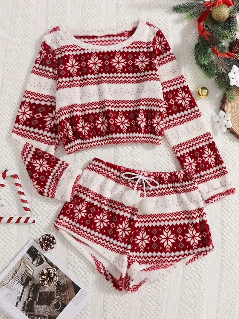 Cozy Christmas Coral Fleece Lounge Set – Long Sleeve Top & Shorts