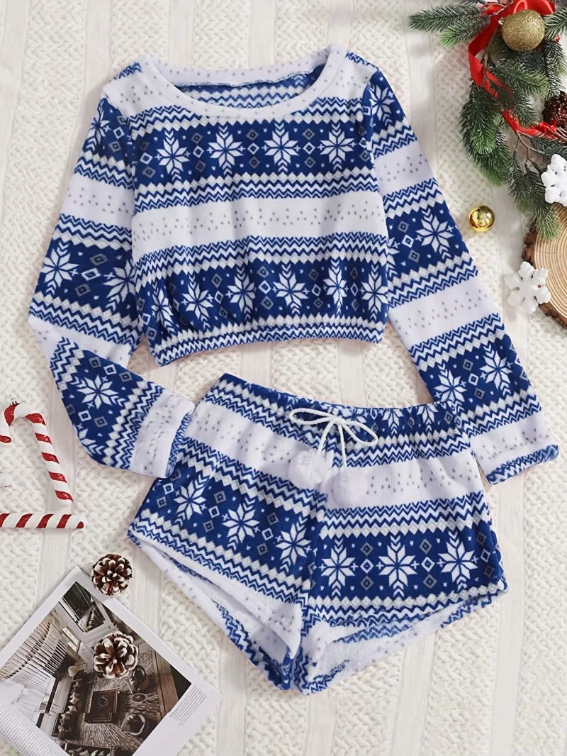 Cozy Christmas Coral Fleece Lounge Set – Long Sleeve Top & Shorts