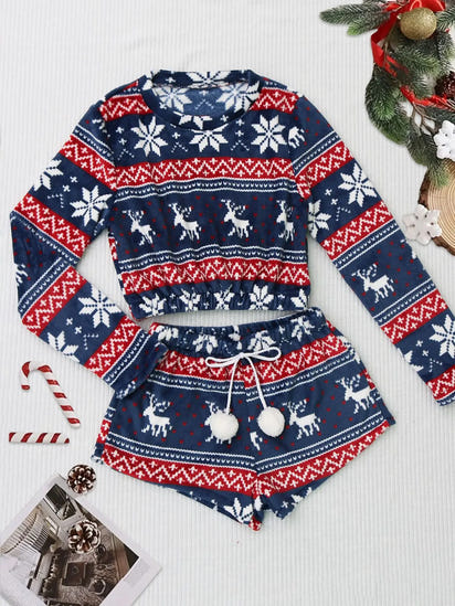 Cozy Christmas Coral Fleece Lounge Set – Long Sleeve Top & Shorts